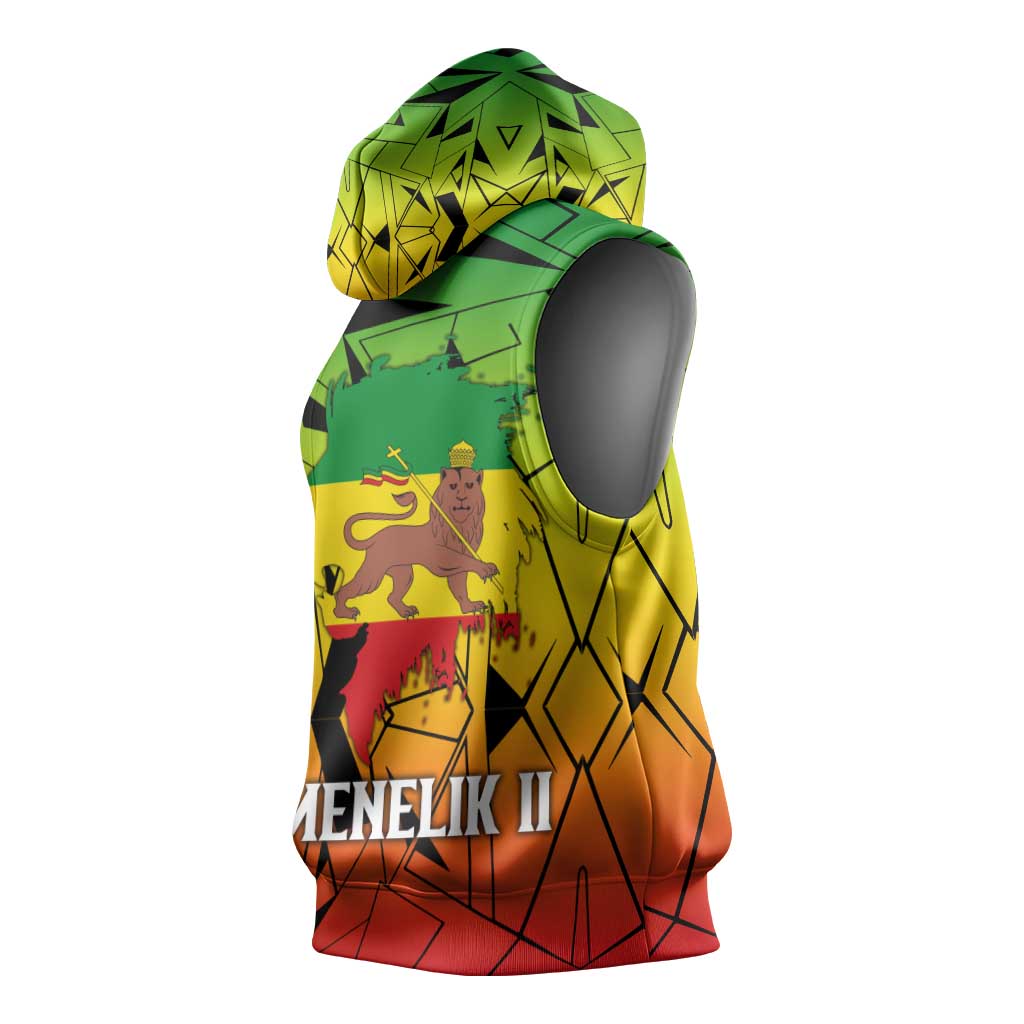 Menelik II Sleeveless Hoodie with Crowned Portrait, Ethiopia Never Colonized Text and Pan-African Abstract - African Pride