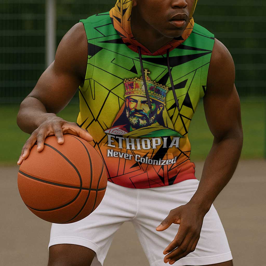 Menelik II Sleeveless Hoodie with Crowned Portrait, Ethiopia Never Colonized Text and Pan-African Abstract - African Pride