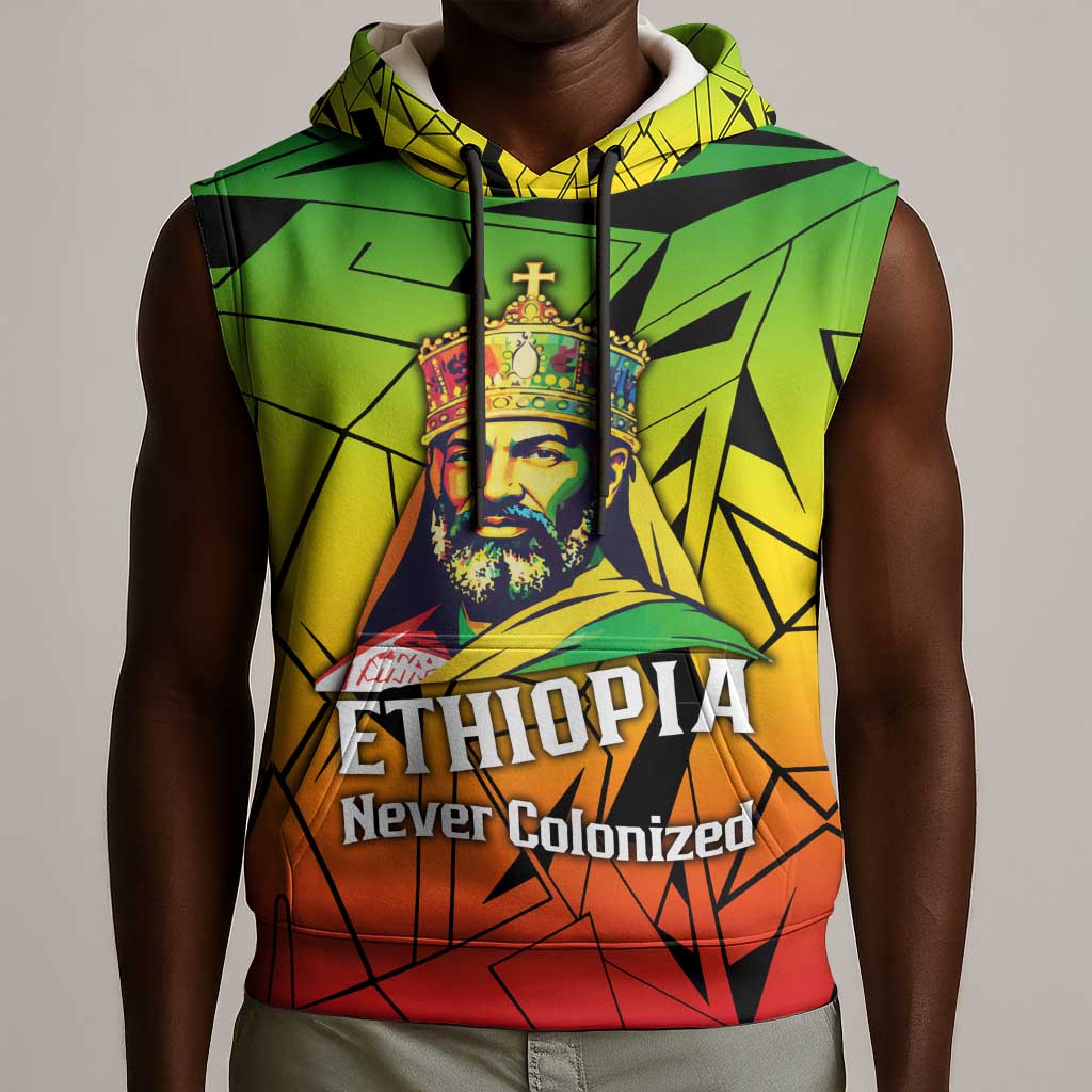 Menelik II Sleeveless Hoodie with Crowned Portrait, Ethiopia Never Colonized Text and Pan-African Abstract - African Pride