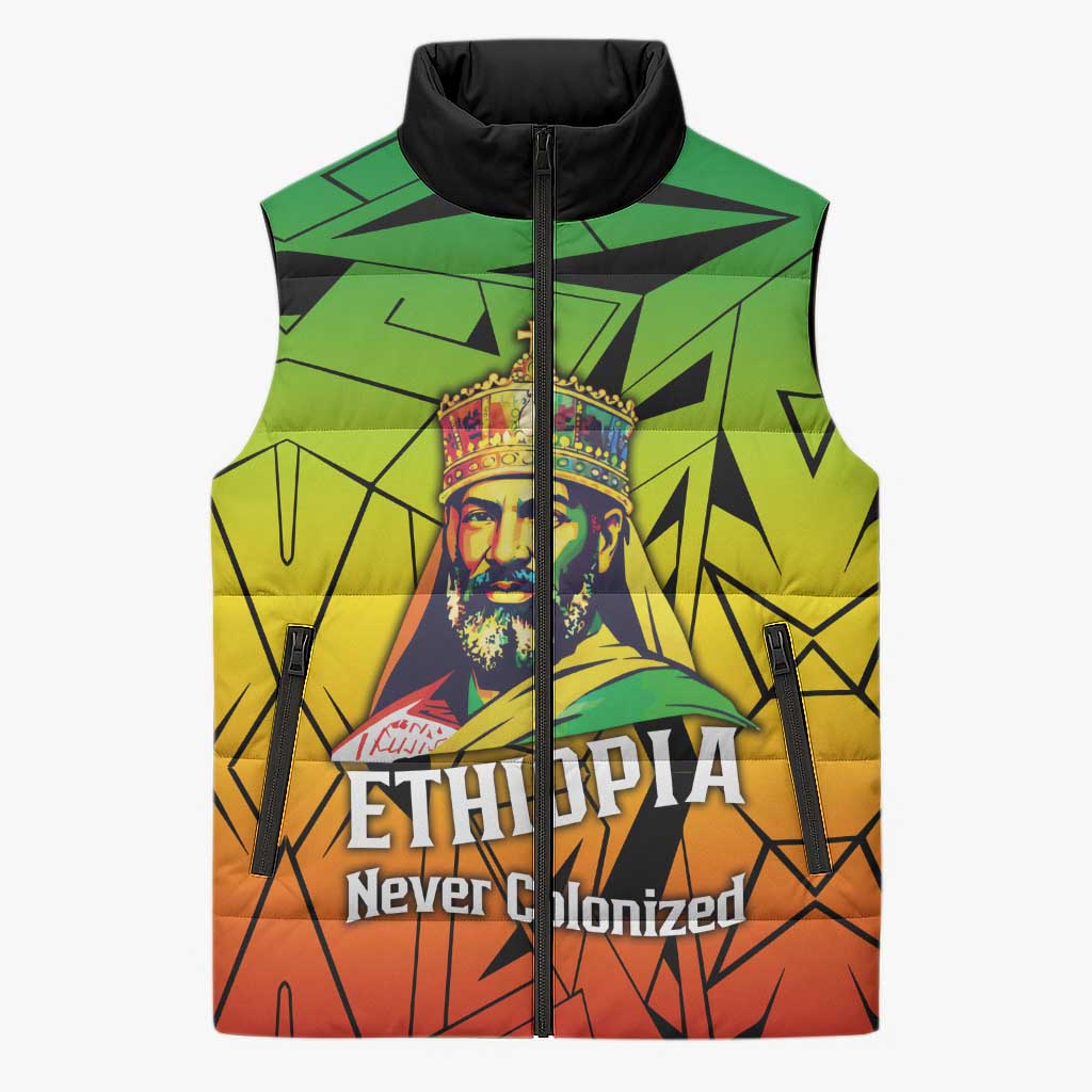 Menelik II Sleeveless Puffer Jacket with Crowned Portrait, Ethiopia Never Colonized Text and Pan-African Abstract - African Pride