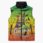 Menelik II Sleeveless Puffer Jacket with Crowned Portrait, Ethiopia Never Colonized Text and Pan-African Abstract - African Pride