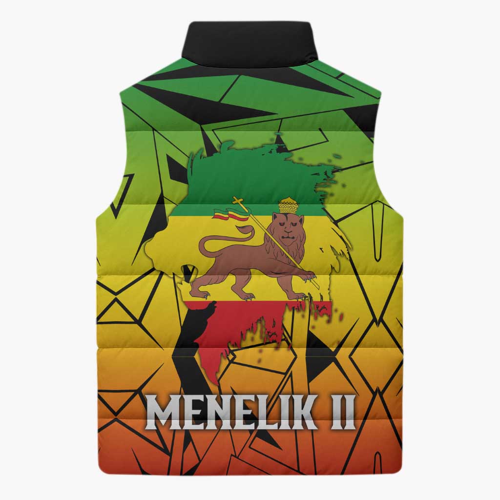Menelik II Sleeveless Puffer Jacket with Crowned Portrait, Ethiopia Never Colonized Text and Pan-African Abstract - African Pride