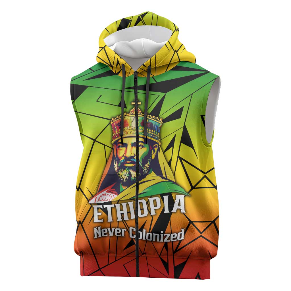 Menelik II Sleeveless Zip Hoodie with Crowned Portrait, Ethiopia Never Colonized Text and Pan-African Abstract - African Pride