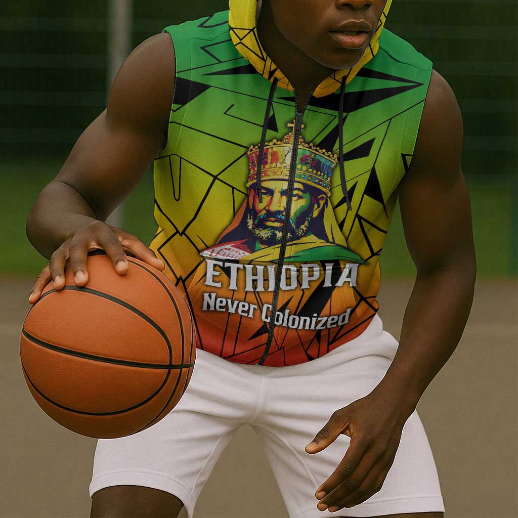 Menelik II Sleeveless Zip Hoodie with Crowned Portrait, Ethiopia Never Colonized Text and Pan-African Abstract - African Pride