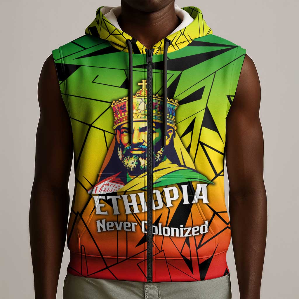 Menelik II Sleeveless Zip Hoodie with Crowned Portrait, Ethiopia Never Colonized Text and Pan-African Abstract - African Pride
