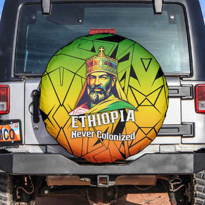 Menelik II Spare Tire Cover with Crowned Portrait, Ethiopia Never Colonized Text and Pan-African Abstract - African Pride