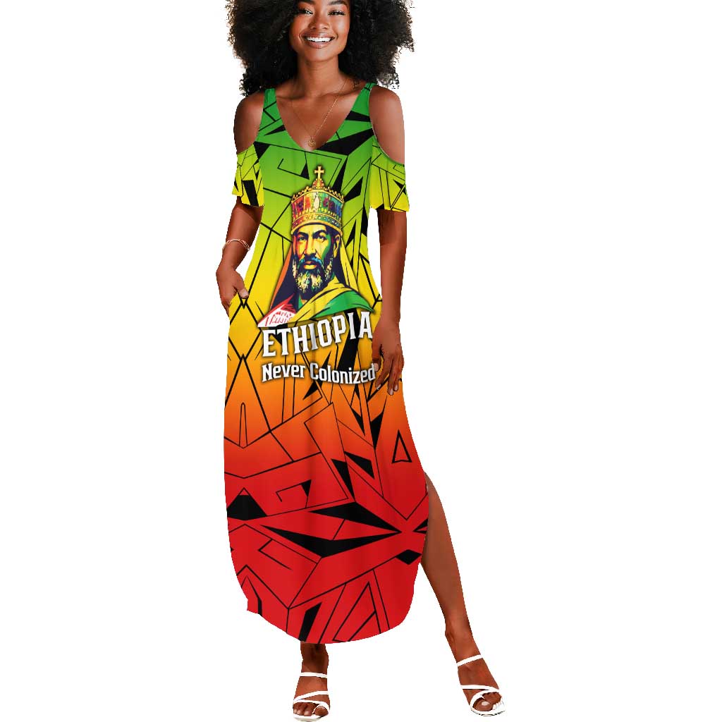 Menelik II Summer Maxi Dress with Crowned Portrait, Ethiopia Never Colonized Text and Pan-African Abstract - African Pride
