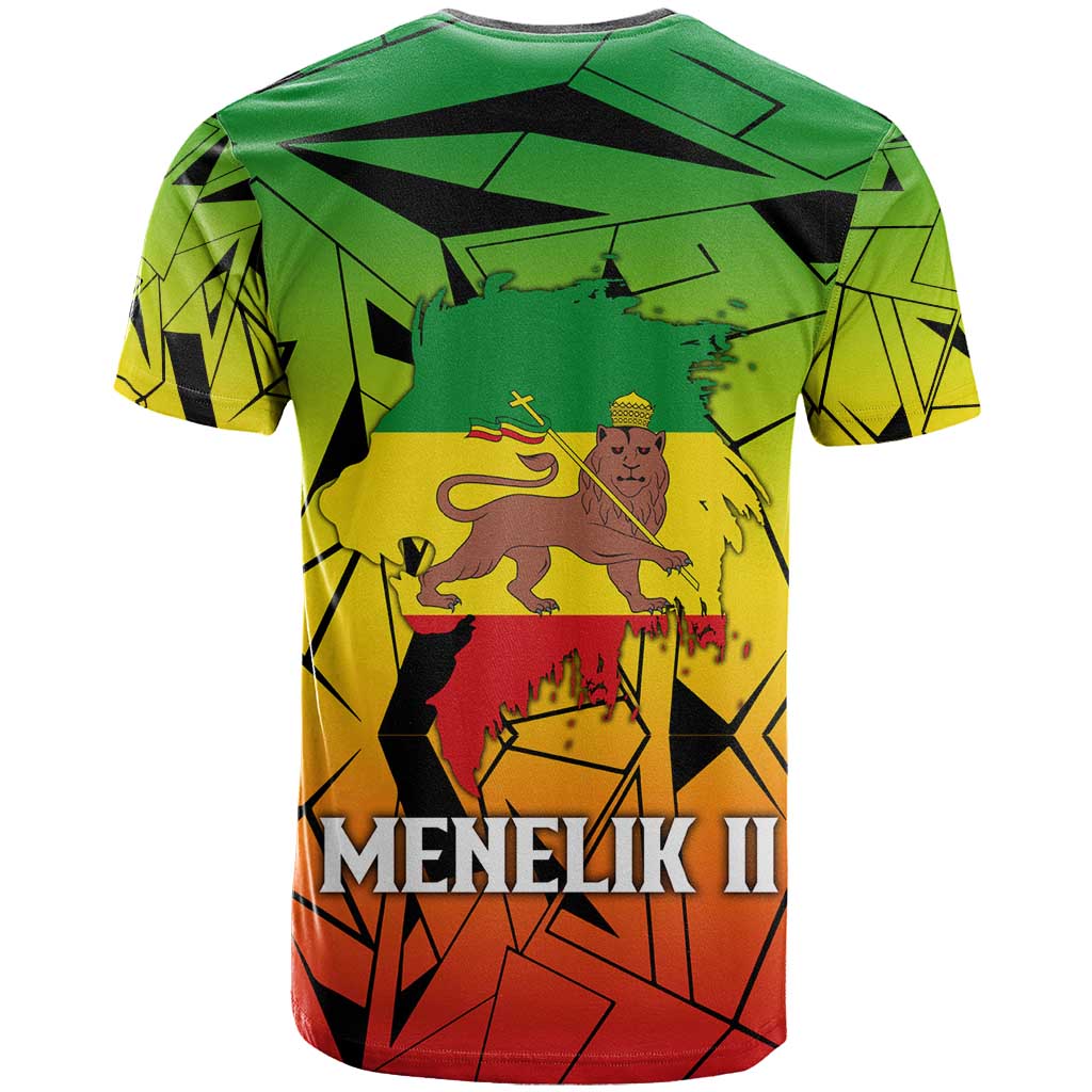 Menelik II T shirt with Crowned Portrait, Ethiopia Never Colonized Text and Pan-African Abstract - African Pride