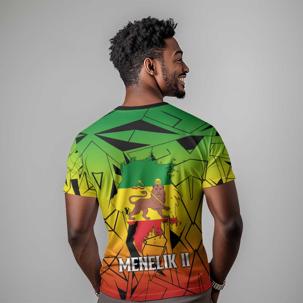 Menelik II T shirt with Crowned Portrait, Ethiopia Never Colonized Text and Pan-African Abstract - African Pride
