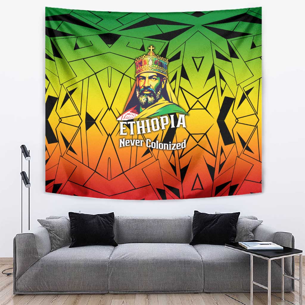 Menelik II Tapestry with Crowned Portrait, Ethiopia Never Colonized Text and Pan-African Abstract - African Pride