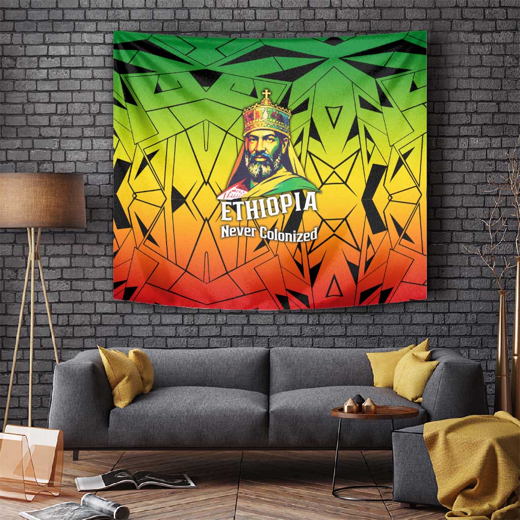 Menelik II Tapestry with Crowned Portrait, Ethiopia Never Colonized Text and Pan-African Abstract - African Pride