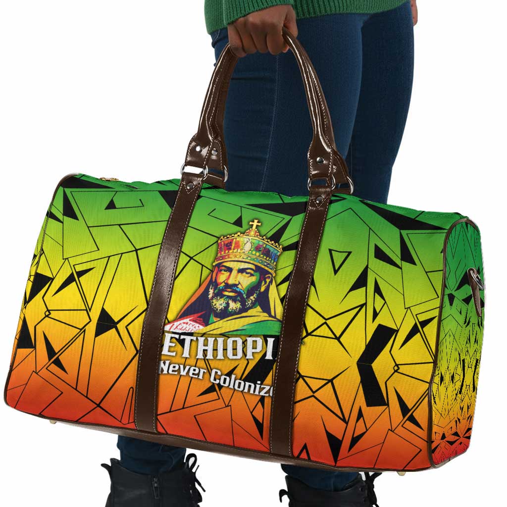 Menelik II Travel Bag with Crowned Portrait, Ethiopia Never Colonized Text and Pan-African Abstract - African Pride