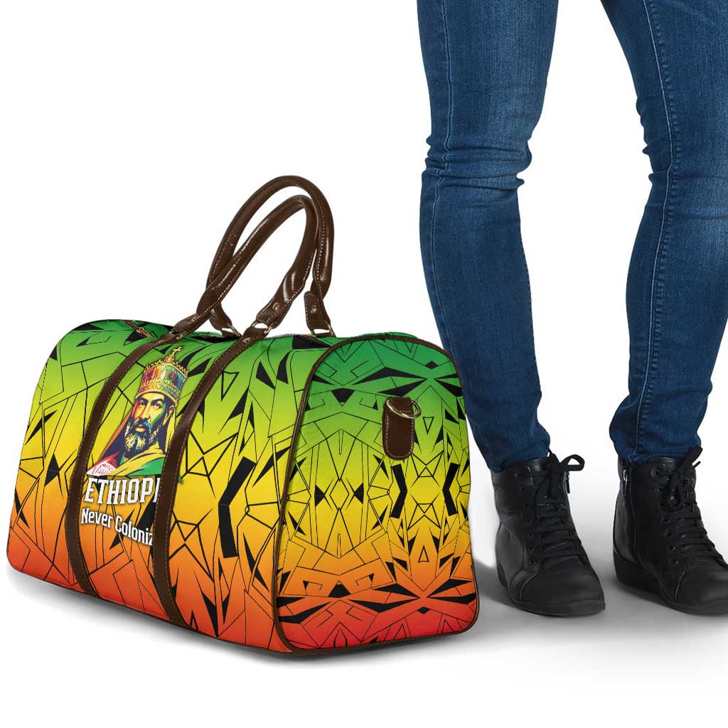 Menelik II Travel Bag with Crowned Portrait, Ethiopia Never Colonized Text and Pan-African Abstract - African Pride