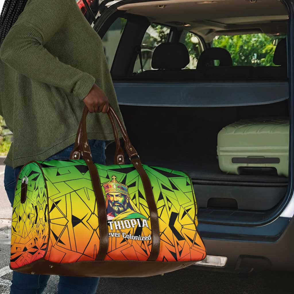 Menelik II Travel Bag with Crowned Portrait, Ethiopia Never Colonized Text and Pan-African Abstract - African Pride