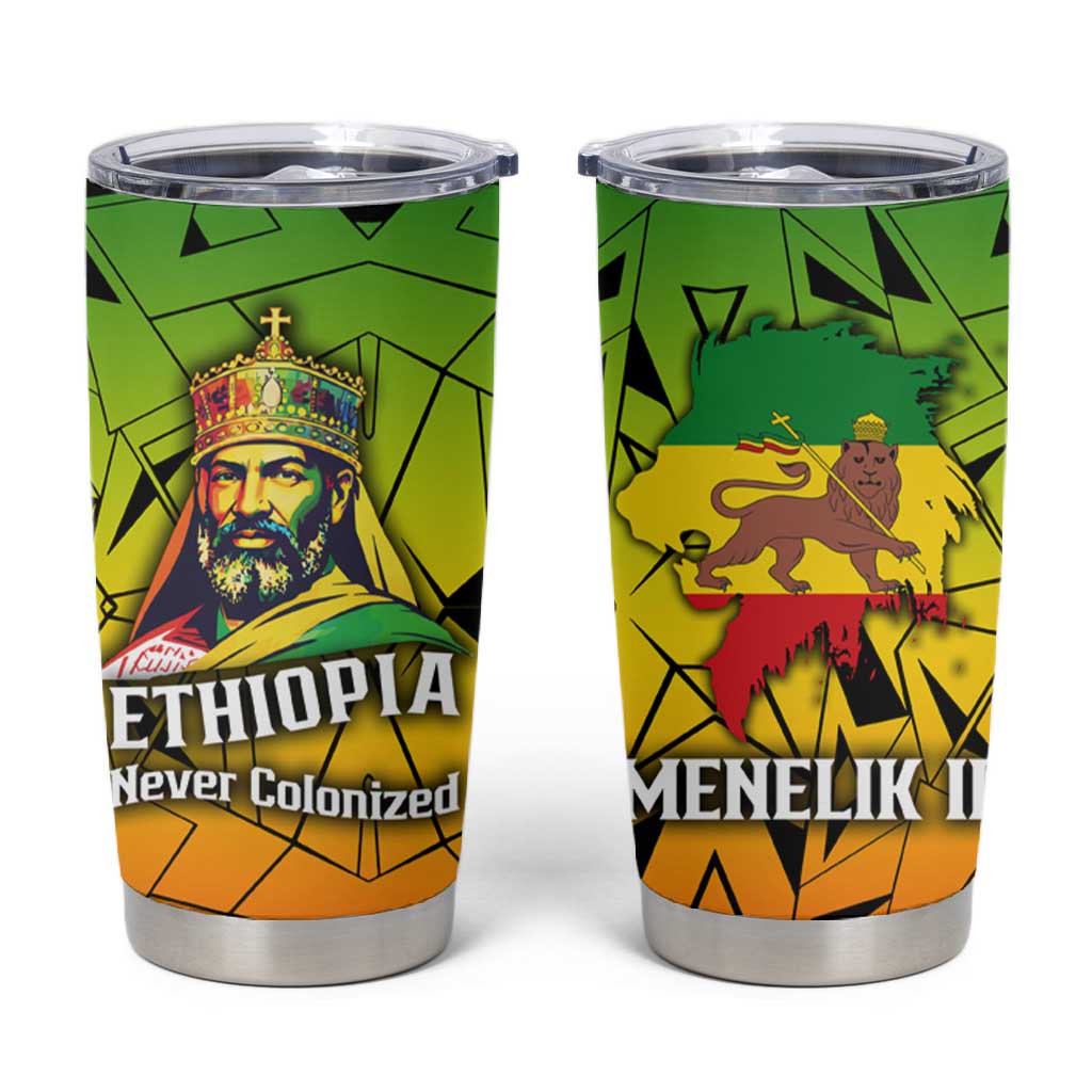 Menelik II Tumbler Cup with Crowned Portrait, Ethiopia Never Colonized Text and Pan-African Abstract - African Pride