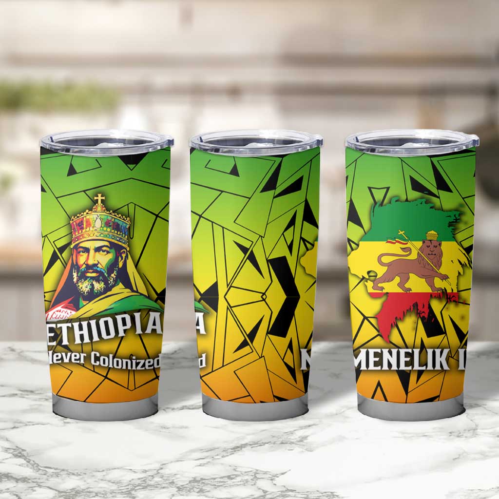Menelik II Tumbler Cup with Crowned Portrait, Ethiopia Never Colonized Text and Pan-African Abstract - African Pride