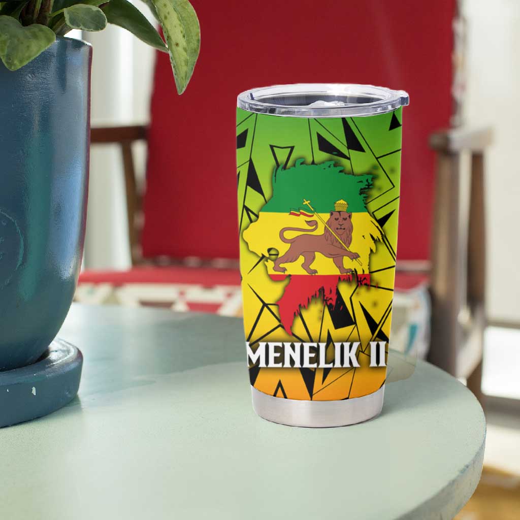 Menelik II Tumbler Cup with Crowned Portrait, Ethiopia Never Colonized Text and Pan-African Abstract - African Pride