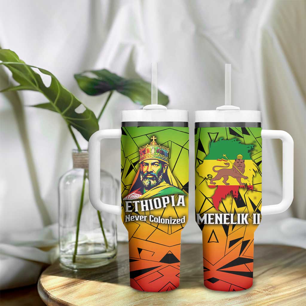 Menelik II Tumbler With Handle with Crowned Portrait, Ethiopia Never Colonized Text and Pan-African Abstract - African Pride