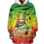 Menelik II Wearable Blanket Hoodie with Crowned Portrait, Ethiopia Never Colonized Text and Pan-African Abstract - African Pride