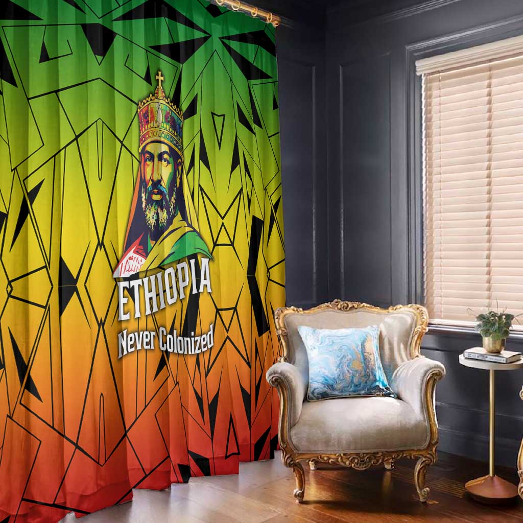 Menelik II Window Curtain with Crowned Portrait, Ethiopia Never Colonized Text and Pan-African Abstract - African Pride