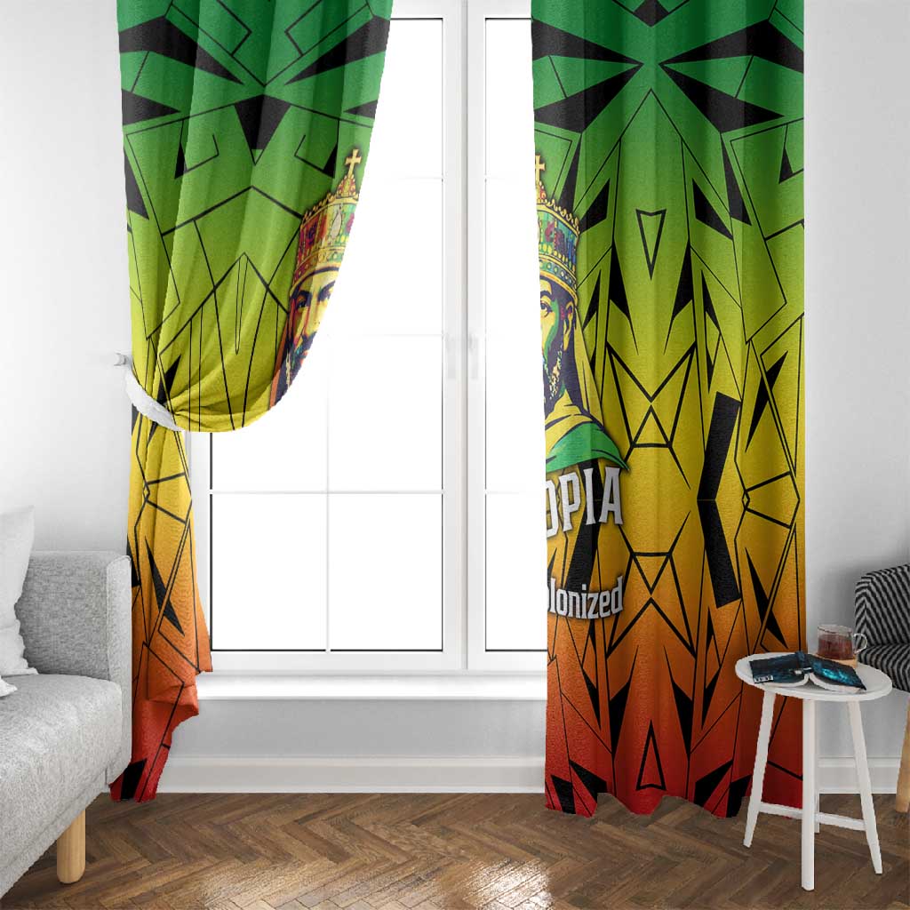 Menelik II Window Curtain with Crowned Portrait, Ethiopia Never Colonized Text and Pan-African Abstract - African Pride