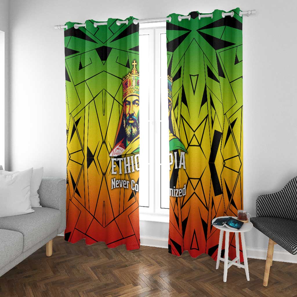 Menelik II Window Curtain with Crowned Portrait, Ethiopia Never Colonized Text and Pan-African Abstract - African Pride