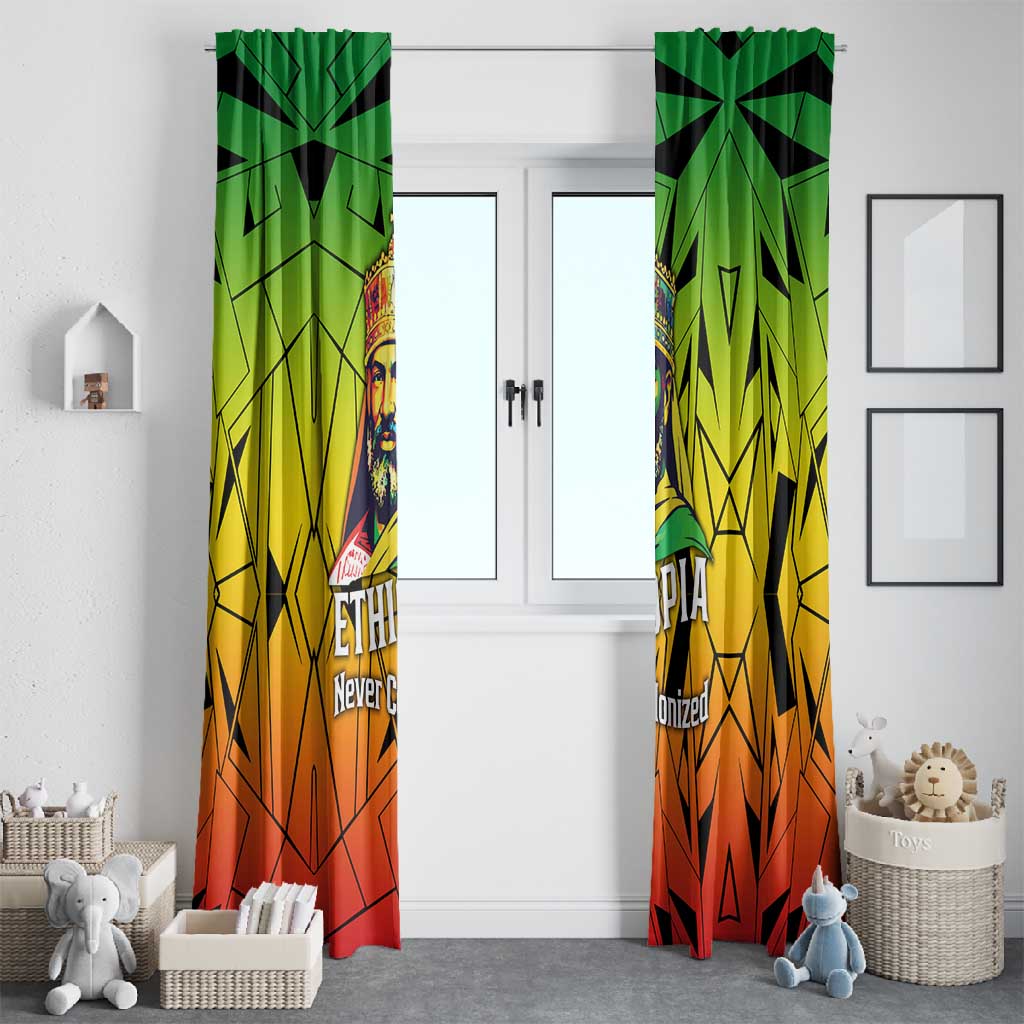 Menelik II Window Curtain with Crowned Portrait, Ethiopia Never Colonized Text and Pan-African Abstract - African Pride