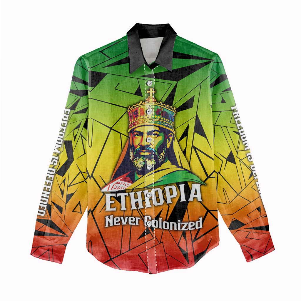 Menelik II Women Casual Shirt with Crowned Portrait, Ethiopia Never Colonized Text and Pan-African Abstract - African Pride