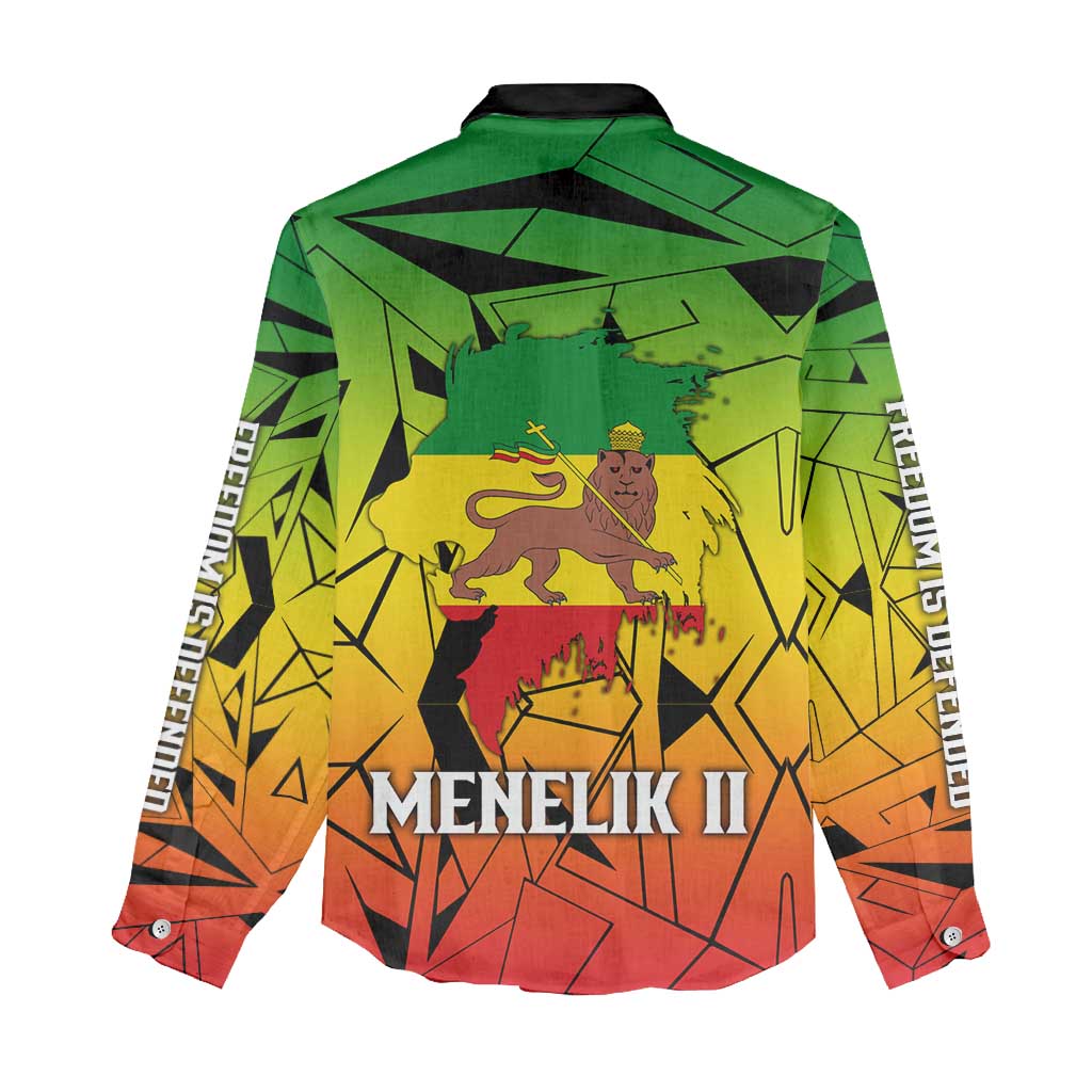 Menelik II Women Casual Shirt with Crowned Portrait, Ethiopia Never Colonized Text and Pan-African Abstract - African Pride