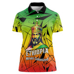 Menelik II Women Polo Shirt with Crowned Portrait, Ethiopia Never Colonized Text and Pan-African Abstract - African Pride