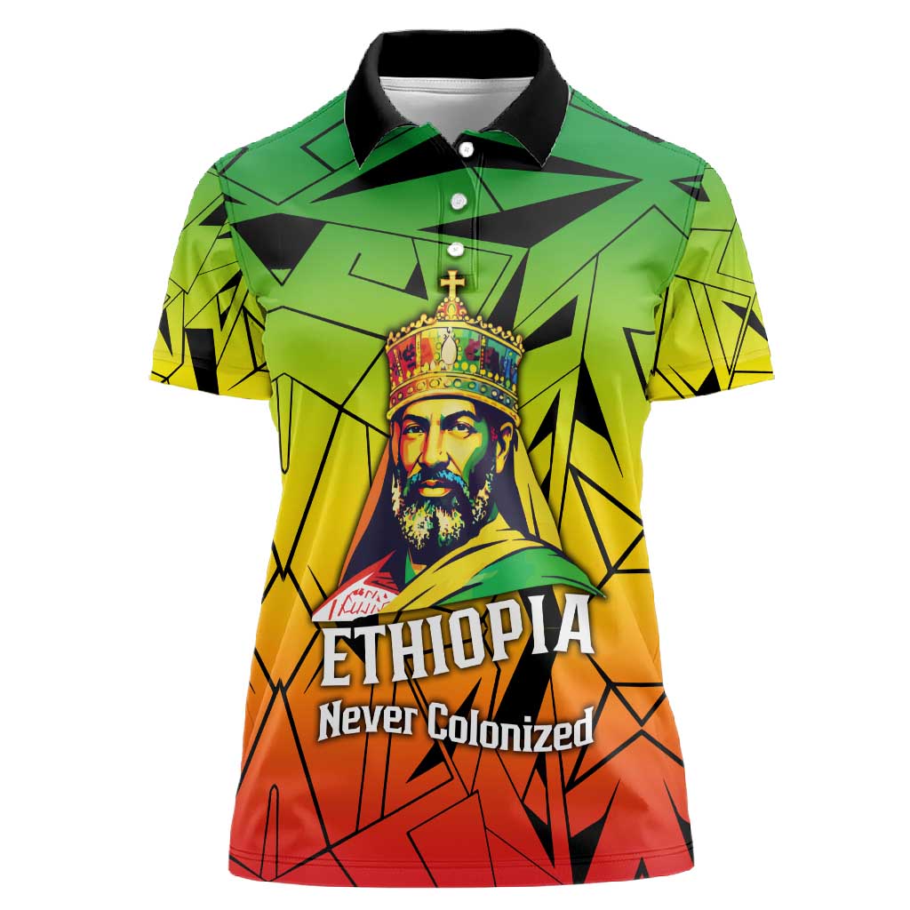 Menelik II Women Polo Shirt with Crowned Portrait, Ethiopia Never Colonized Text and Pan-African Abstract - African Pride