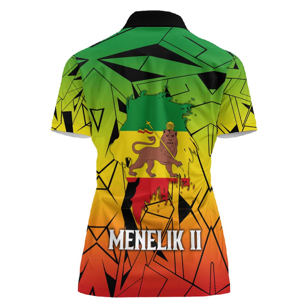 Menelik II Women Polo Shirt with Crowned Portrait, Ethiopia Never Colonized Text and Pan-African Abstract - African Pride