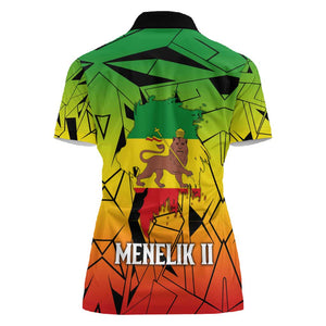 Menelik II Women Polo Shirt with Crowned Portrait, Ethiopia Never Colonized Text and Pan-African Abstract - African Pride