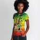Menelik II Women Polo Shirt with Crowned Portrait, Ethiopia Never Colonized Text and Pan-African Abstract - African Pride