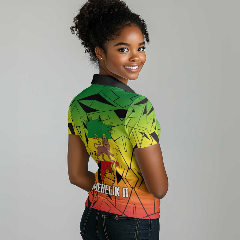 Menelik II Women Polo Shirt with Crowned Portrait, Ethiopia Never Colonized Text and Pan-African Abstract - African Pride