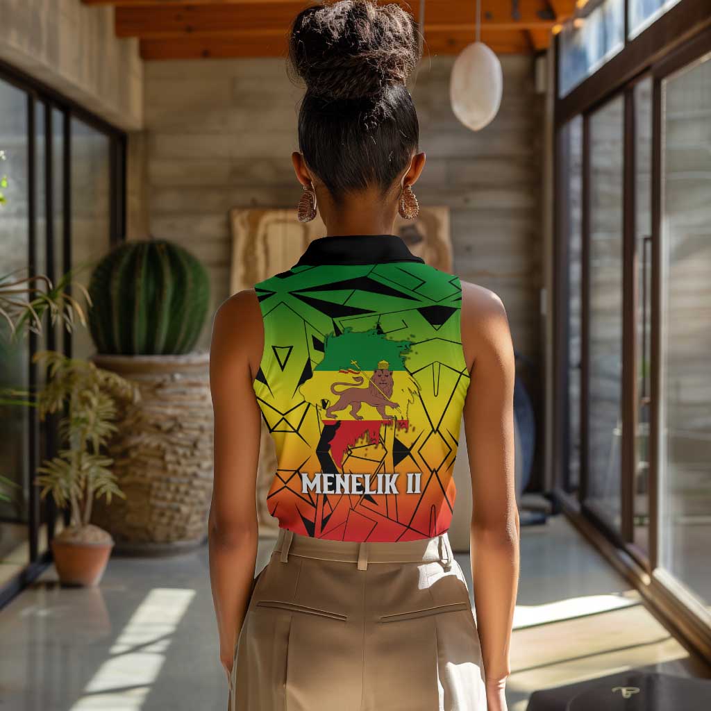 Menelik II Women Sleeveless Polo Shirt with Crowned Portrait, Ethiopia Never Colonized Text and Pan-African Abstract - African Pride