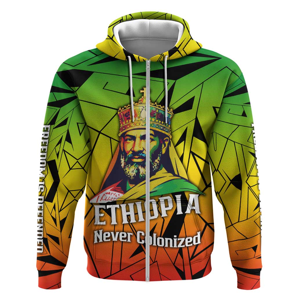 Menelik II Zip Hoodie with Crowned Portrait, Ethiopia Never Colonized Text and Pan-African Abstract - African Pride