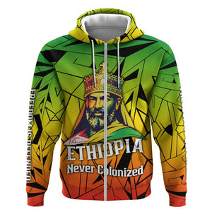 Menelik II Zip Hoodie with Crowned Portrait, Ethiopia Never Colonized Text and Pan-African Abstract - African Pride