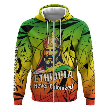 Menelik II Zip Hoodie with Crowned Portrait, Ethiopia Never Colonized Text and Pan-African Abstract - African Pride