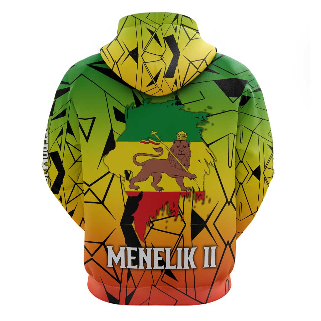 Menelik II Zip Hoodie with Crowned Portrait, Ethiopia Never Colonized Text and Pan-African Abstract - African Pride