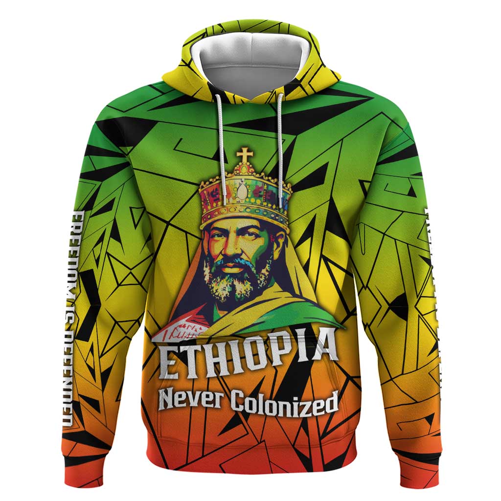 Menelik II Zip Hoodie with Crowned Portrait, Ethiopia Never Colonized Text and Pan-African Abstract - African Pride