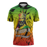 Menelik II Zipper Polo Shirt with Crowned Portrait, Ethiopia Never Colonized Text and Pan-African Abstract - African Pride