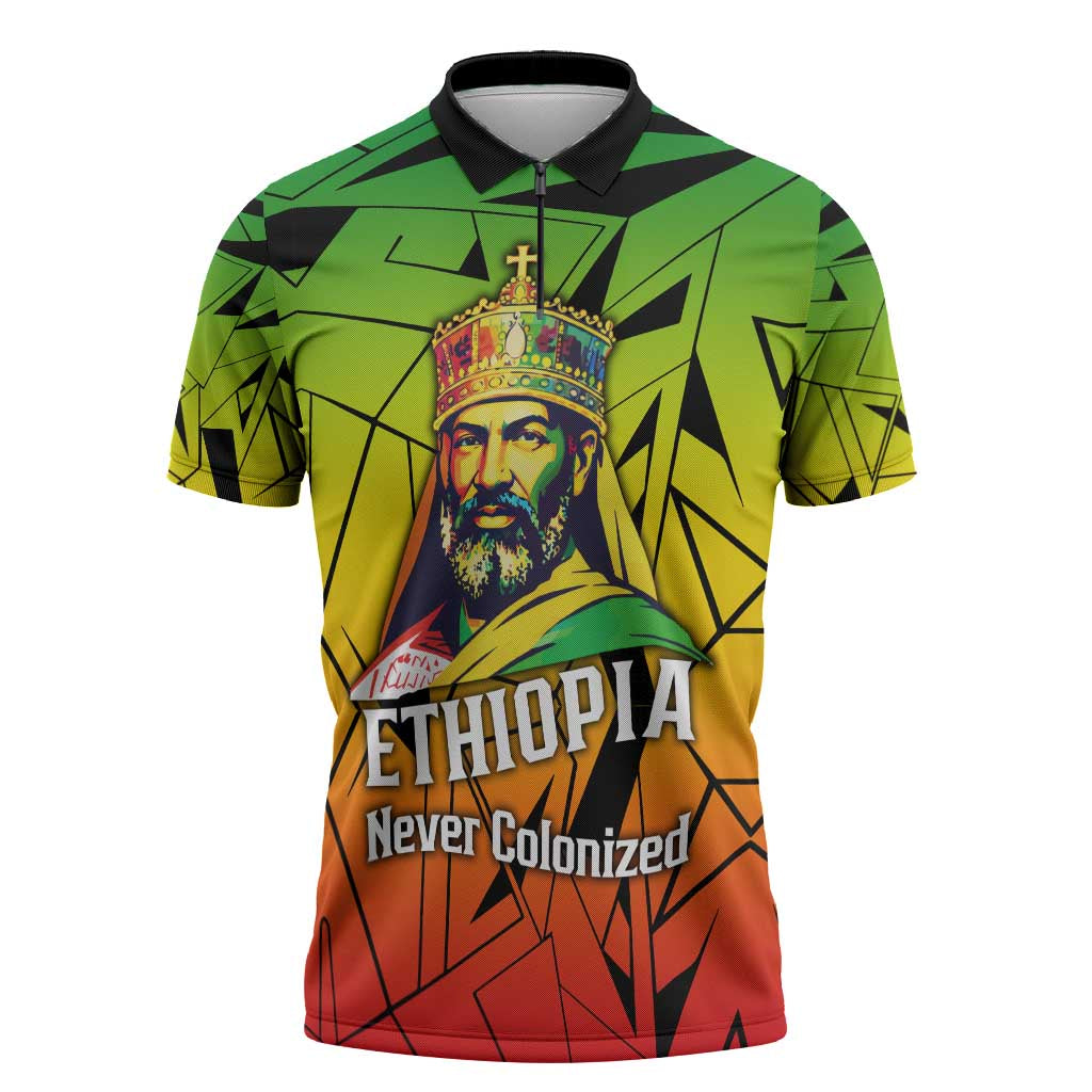 Menelik II Zipper Polo Shirt with Crowned Portrait, Ethiopia Never Colonized Text and Pan-African Abstract - African Pride