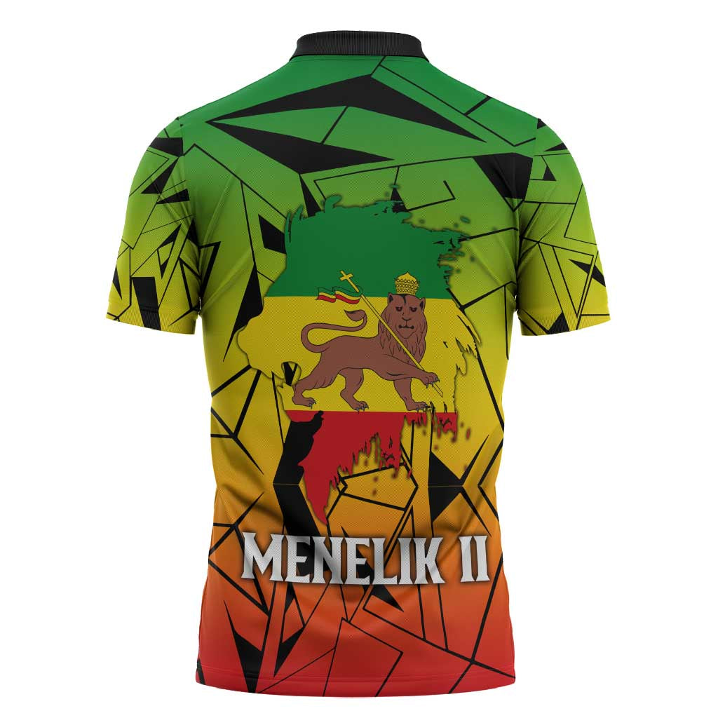 Menelik II Zipper Polo Shirt with Crowned Portrait, Ethiopia Never Colonized Text and Pan-African Abstract - African Pride