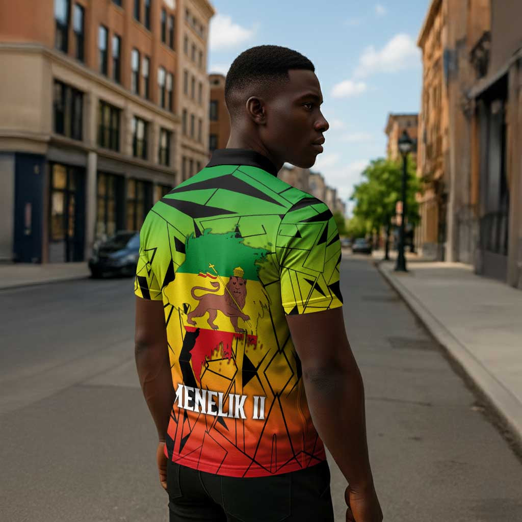 Menelik II Zipper Polo Shirt with Crowned Portrait, Ethiopia Never Colonized Text and Pan-African Abstract - African Pride
