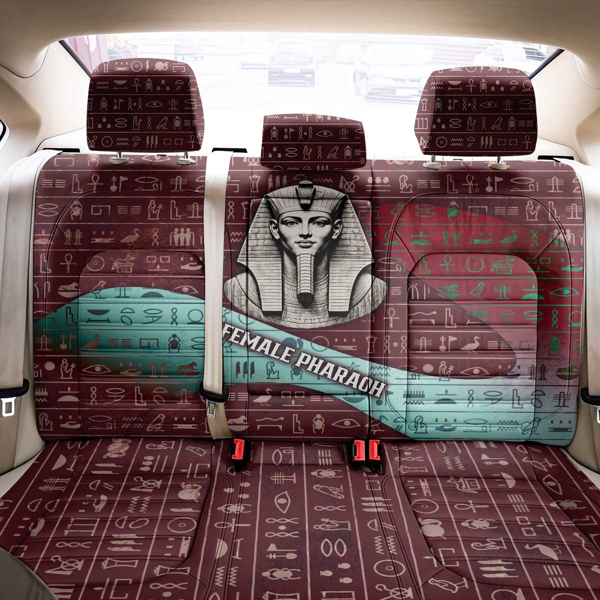 Hatshepsut Back Car Seat Cover with Pharaoh Bust Illustration, Female Pharaoh Title and Egyptian Hieroglyph - African Pride