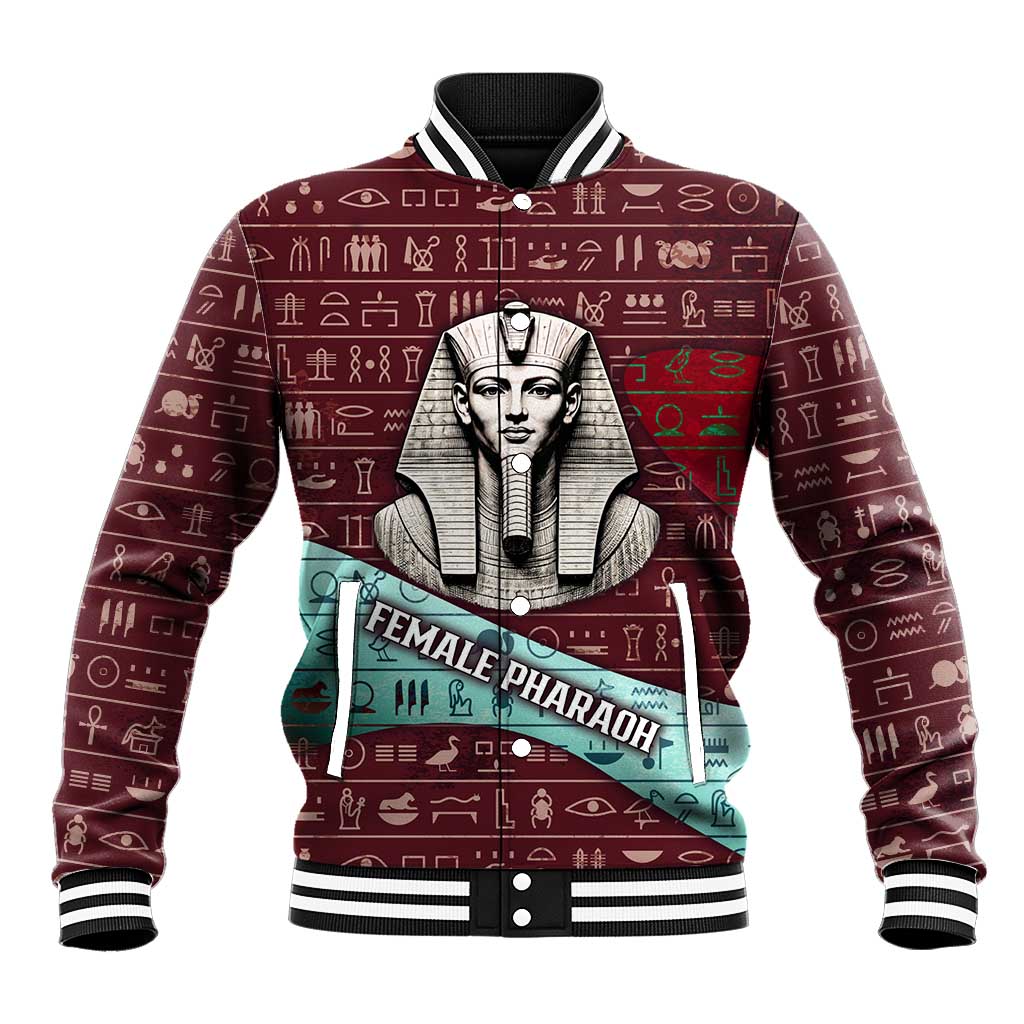 Hatshepsut Baseball Jacket with Pharaoh Bust Illustration, Female Pharaoh Title and Egyptian Hieroglyph - African Pride