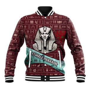 Hatshepsut Baseball Jacket with Pharaoh Bust Illustration, Female Pharaoh Title and Egyptian Hieroglyph - African Pride