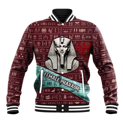 Hatshepsut Baseball Jacket with Pharaoh Bust Illustration, Female Pharaoh Title and Egyptian Hieroglyph - African Pride