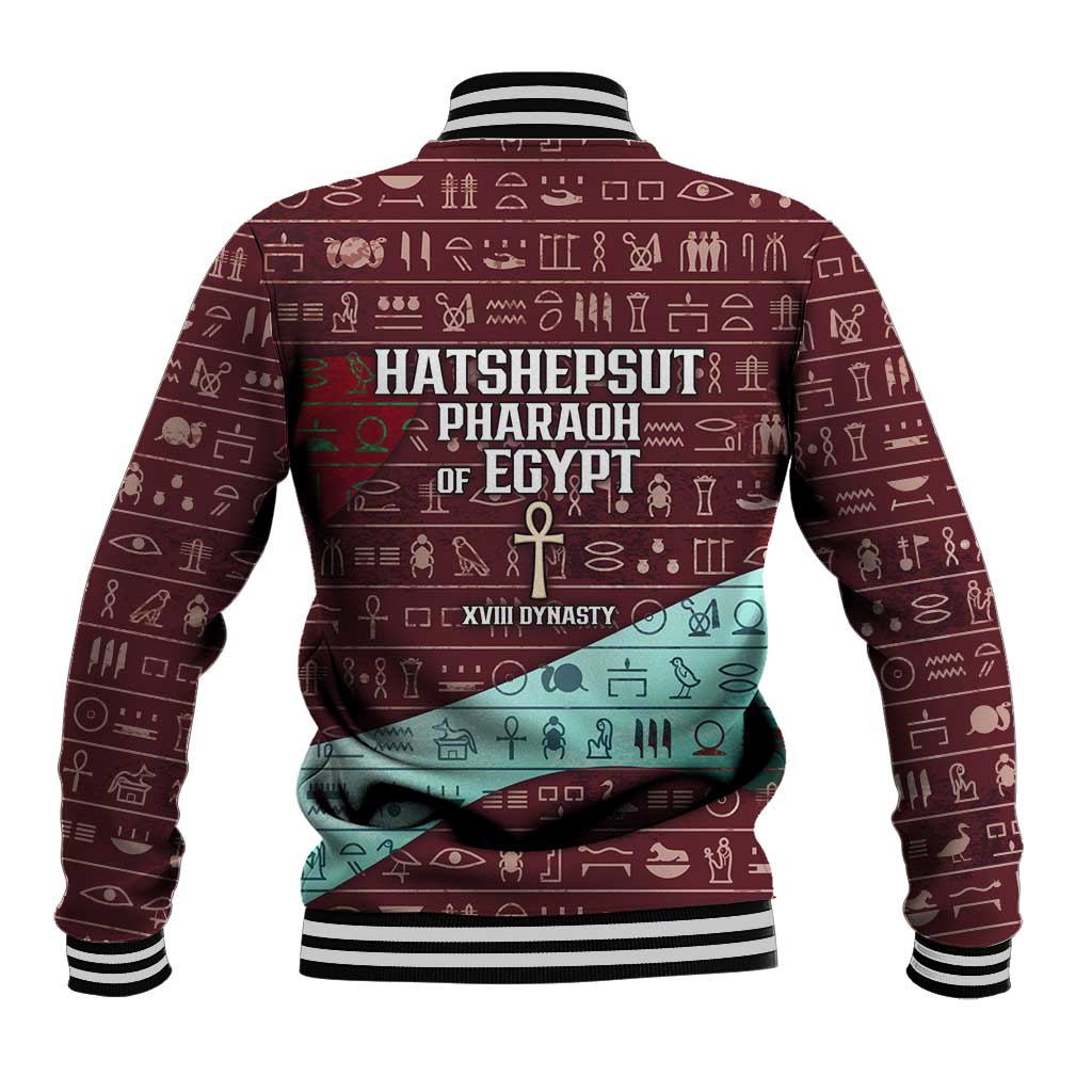 Hatshepsut Baseball Jacket with Pharaoh Bust Illustration, Female Pharaoh Title and Egyptian Hieroglyph - African Pride